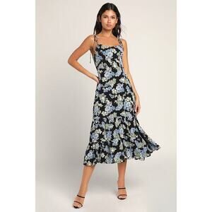 Lulus Started With A Kiss Black Floral Print Tie-strap Tiered Dress - Size M